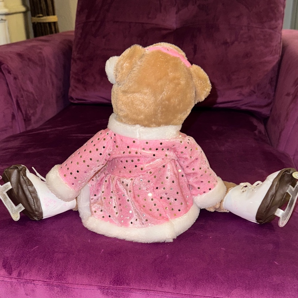 Kids Brown Teddy Bear Pink Dress Silver Polka Dots White Fur Trim in Ice Skates - Picture 6 of 10